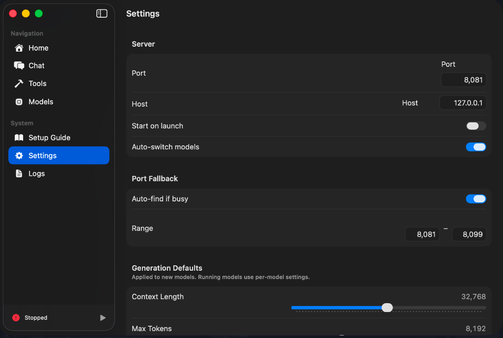 Settings - Configure server, ports, and generation defaults