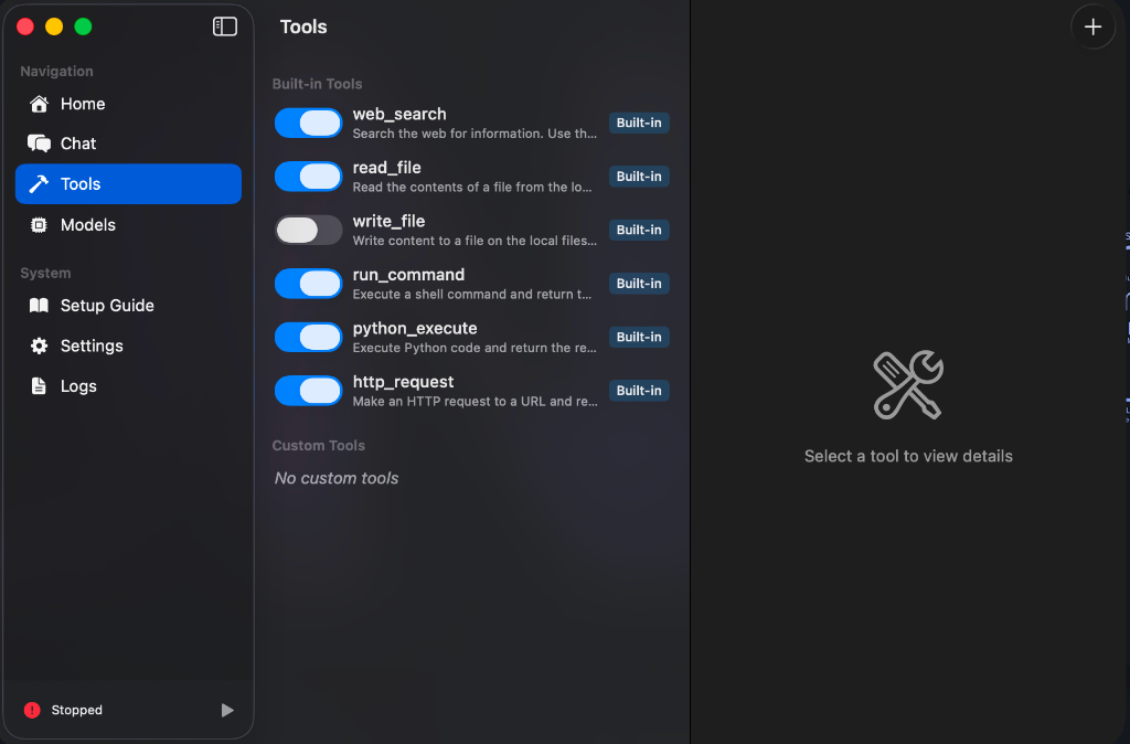 Tools Panel - Built-in tools for search, file operations, and more